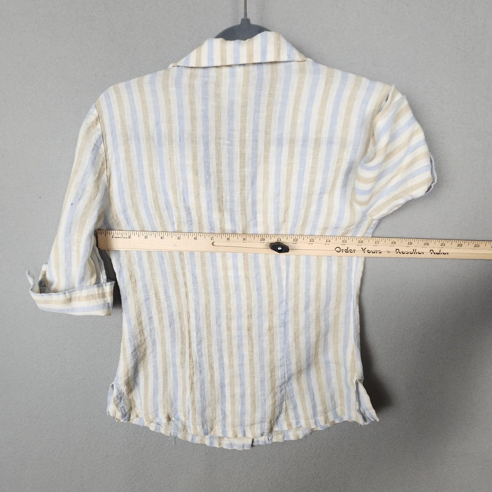 Linda Lundstrom Shirt Womens 6 Beige Blue Striped Linen Button‎ Up Made Canada - Picture 8 of 10